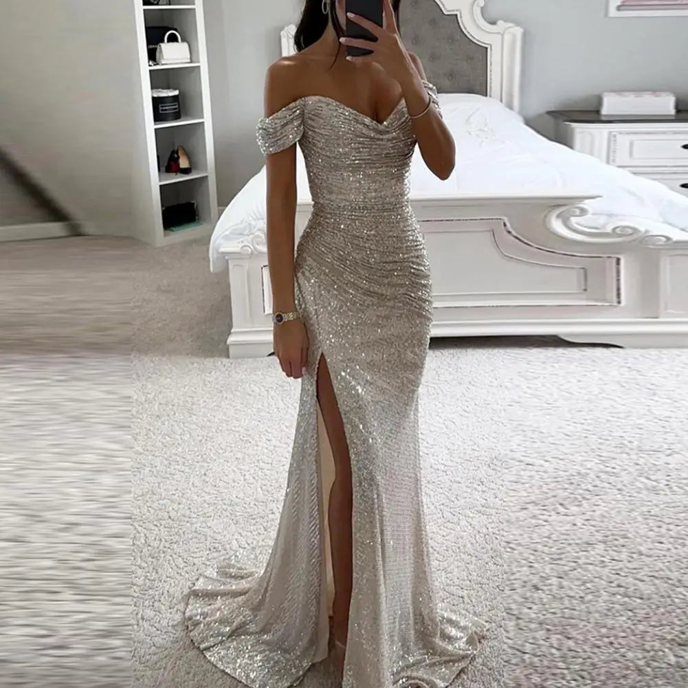 Elegante vestido de noche con cuello en V, hombros descubiertos, maxi vestido con lentejuelas, cintura plisada, ajustado, sexy, con abertura, vestidos largos
