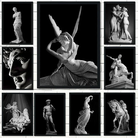 Nordic Simple Wall Art Black Ancient Greek Gods Sculpture David Statue Canvas Print Poster Home Living Room Bedroom Decoration