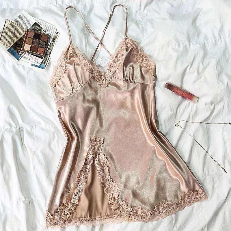 Women's Sleepdress Contrast Lace Satin Nightdress Deep V Backless Lace Up Split Slip Sleep Casual Dress Summer Nightwear Female