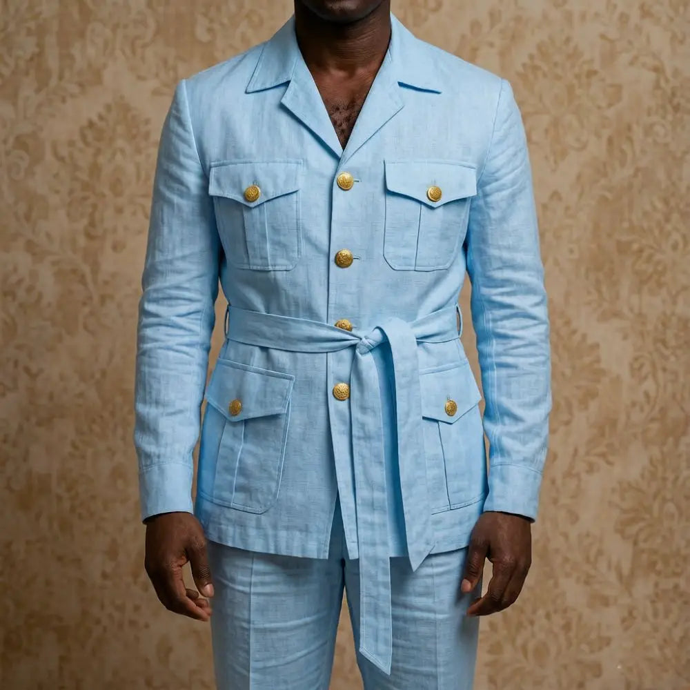 Mens Off White Linen Safari Suits 2 Piece Notched Lapel Prom Suit with Belt Gold Buttons Multi Pockets Beach Summer Wedding