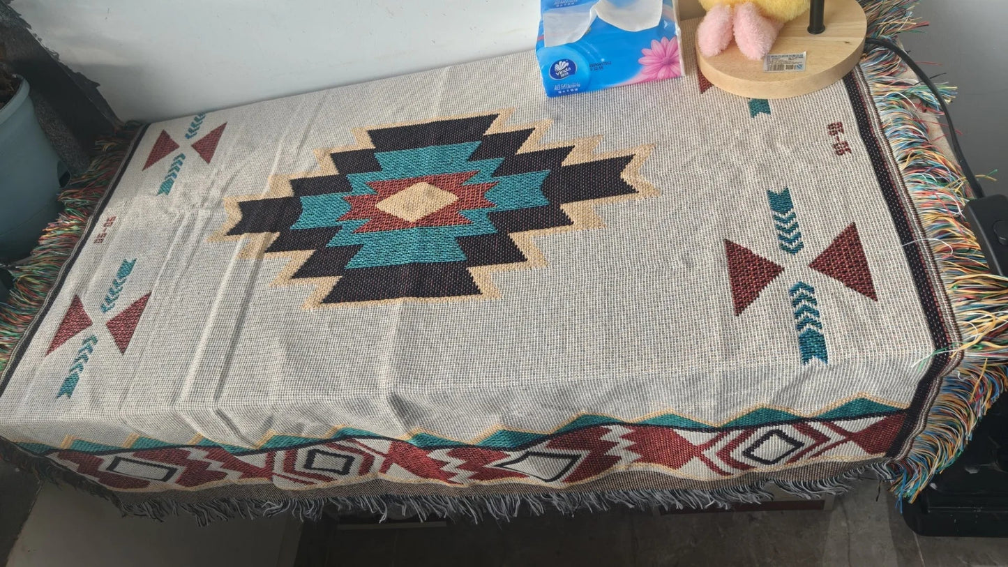 Aztec Blanket Oversized Boho Throw Blanket with Fringe Southwestern Geometric Tapestry Vintage Woven Throw Blankets Double-S