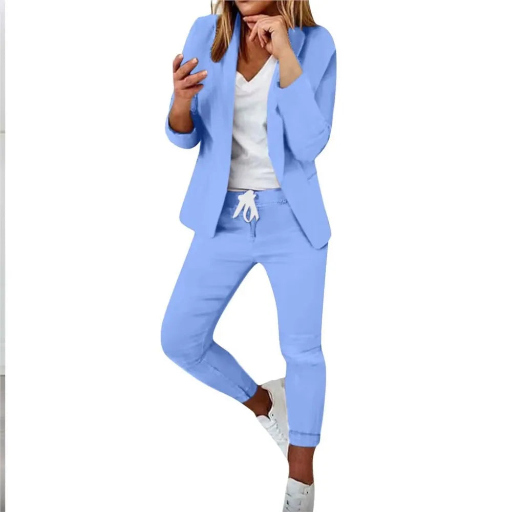 2 Piece Women's Autumn Winter Suit Fashion Slim Fit Lace-up Small Feet Trousers Women's Office Casual Solid Color Suit 2024
