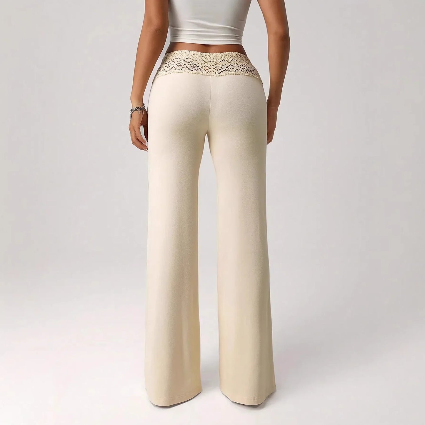 2026 New Women Elegant Solid Color Lace Trim High Waist Wide Leg Pants Casual Loose Palazzo Trousers