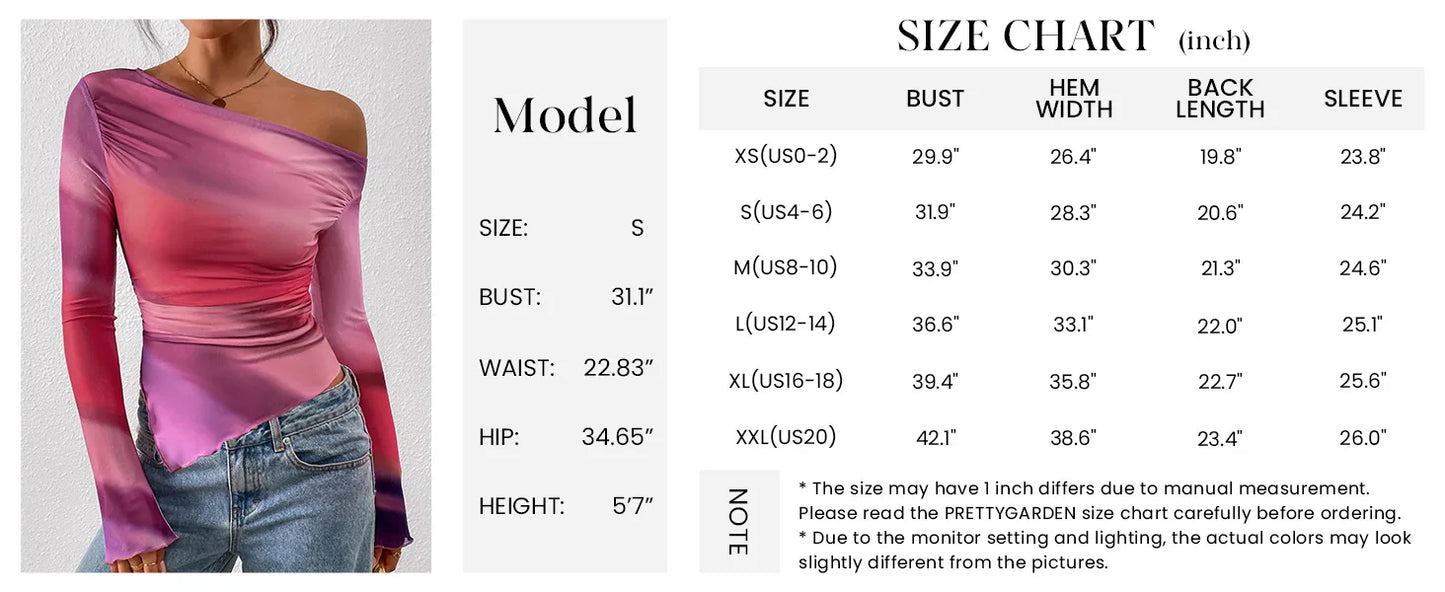 Women's Off-Shoulder Ruffled Sleeve Long-Sleeve Top with Asymmetrical Tie-Dye Mesh Asymmetrical Pleated Floral Print T-Shirt