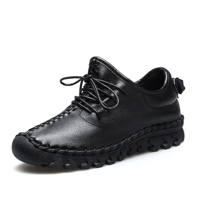 Handmade Genuine Leather Women Shoes Fashion Casual Sneakers Retro Flats Ladies Lacing Loafers Breathable Vulcanized Shoes