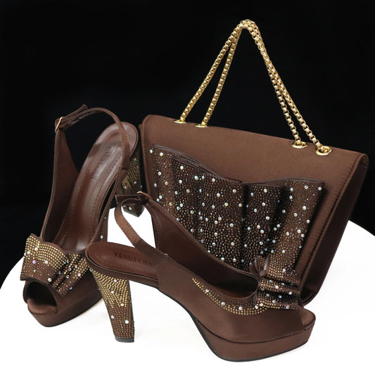 Conjuntos de zapatos y bolsos italianos dorados para fiestas de noche HTY1-1