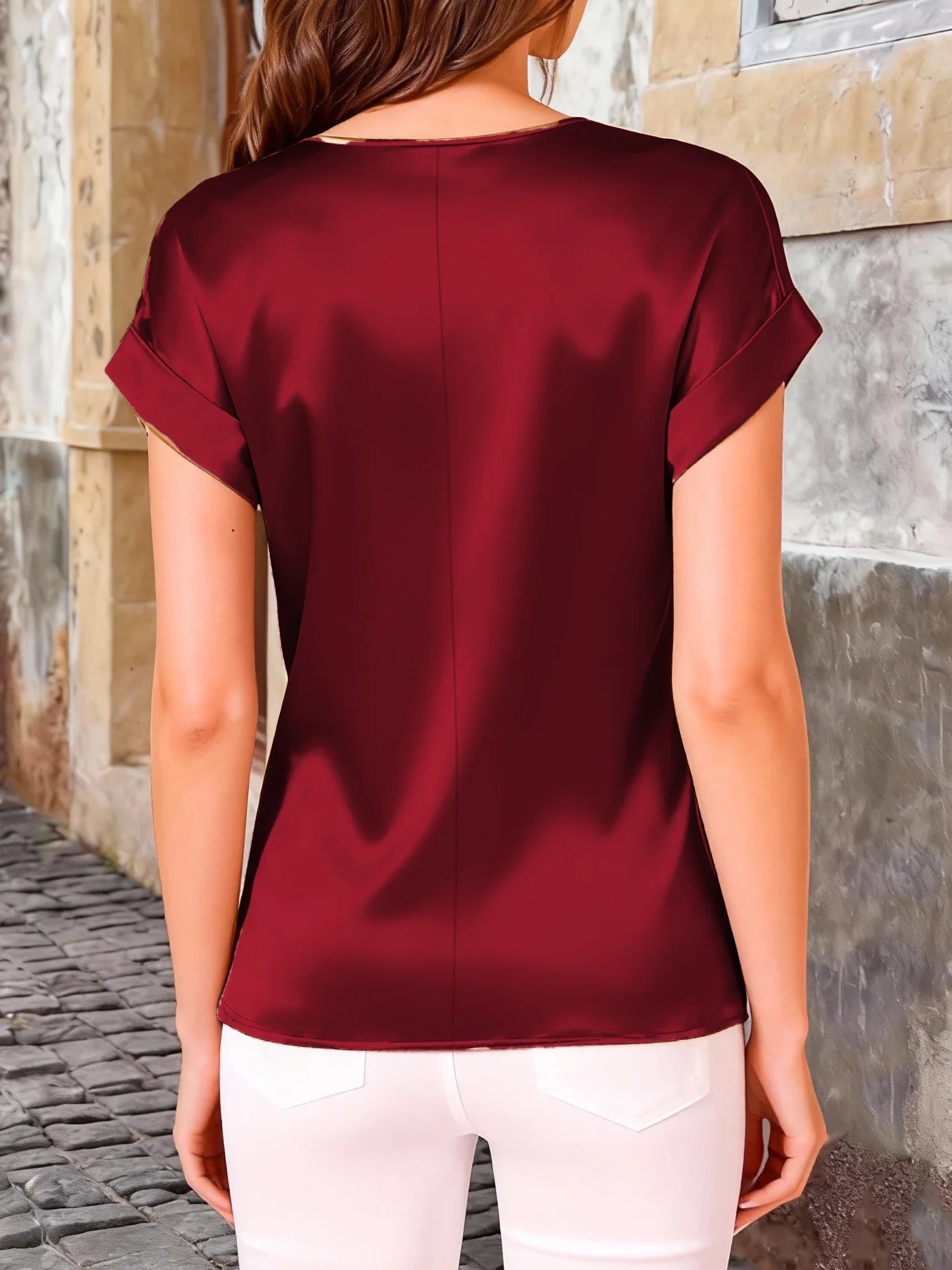 Elegant Solid Satin Batwing Sleeve T-Shirt - Loose Fit Ladies Plus Size Top with Round Neck