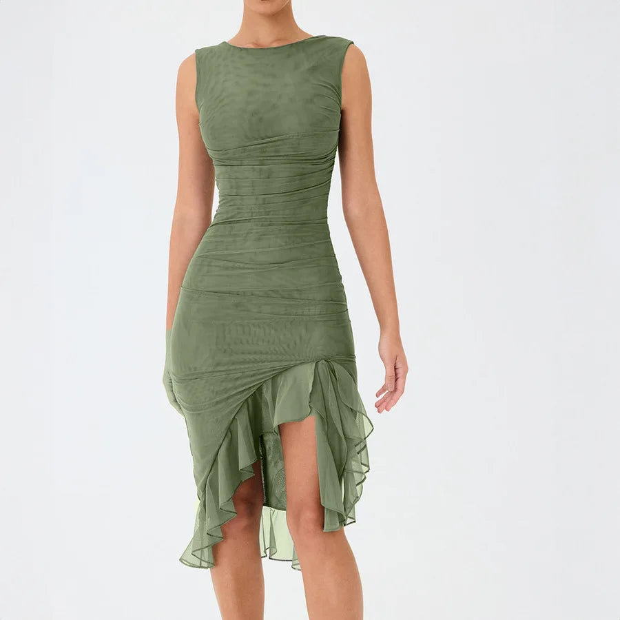 Dresses For Women 2023 Summer Elegant Solid Sleeveless Vestidos Slim Backless Ruffles Irregular Streetwear Party Evening Dress