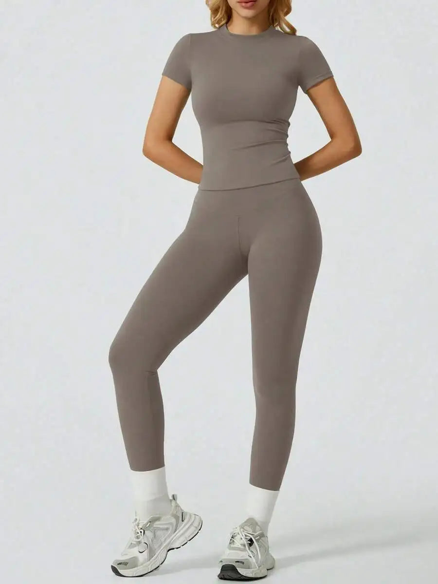 2 Piece Yoga Set Women Short Sleeve Top High Waist Leggings Gym Workout Clothing Tummy Control Fitness Sportswear Activewear Sui