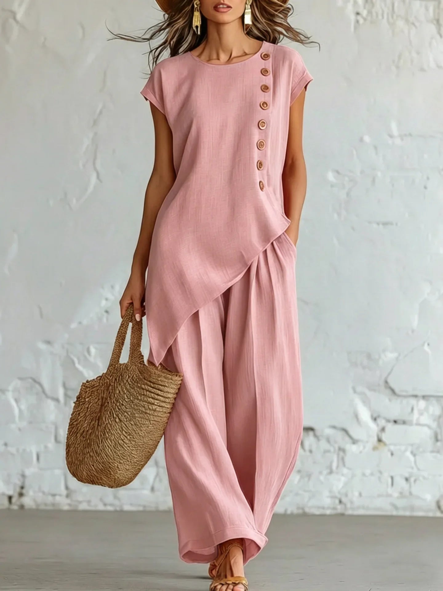 2026 Women 2 Piece Set Elastic Waist Pocket Button Decorate Wide Leg Pants+Solid Blouse Suit Casual Top Trousers Lady Outfits