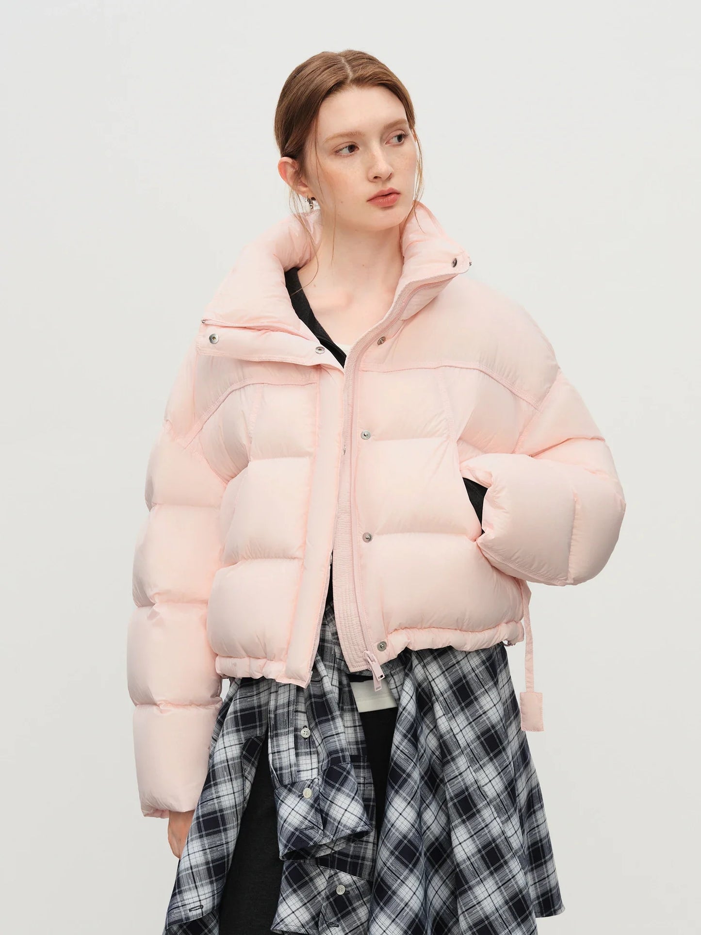 FSLE Winter 2025 Women Cloud-Like Puffer Coat - Stand Collar Short Down Jacket Lazy Chic Style Glossy Finish for Casual Comfort