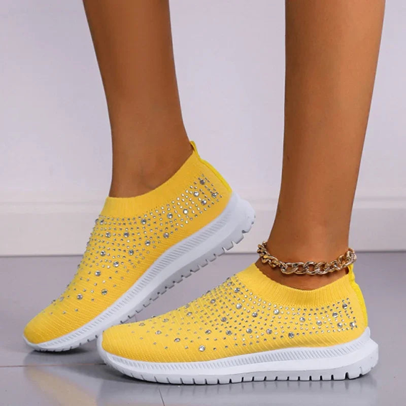 Women's Slip-On Crystal Sneakers 2025 Breathable Mesh Plus Size 35-43 Casual Flats Women Comfort Soft Sole Running Walking Shoes