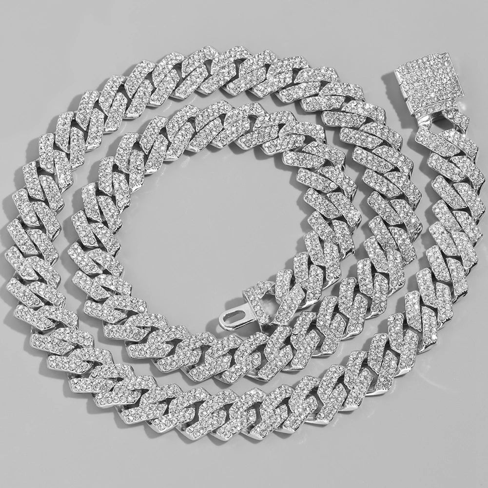 14mm Iced Out Prong Cuban Link Chain Necklace for 2 Row Rhinestone