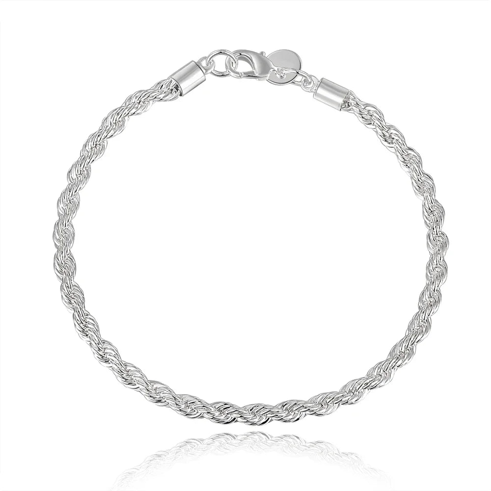 925 Sterling Silver Bracelet 4mm20cm Flat Side Chain Lobster Clasp for