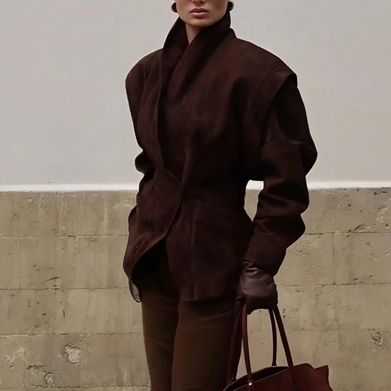 Phantasy Fashion Vintage Belt-Down Jacket Autumn Winter V-Neck Commuter Brown Suit Casual Style High-End Women's Clothing 2025