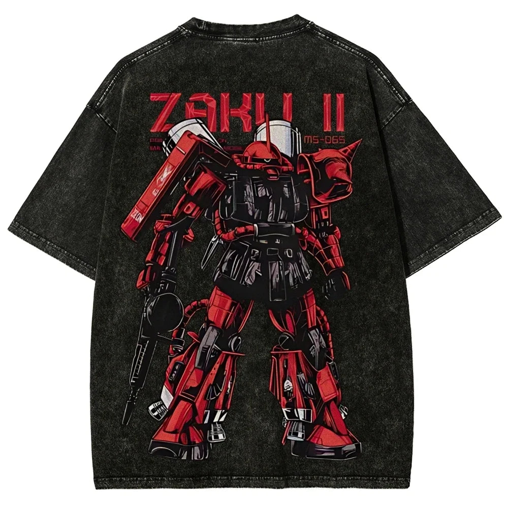 Zaku II T Shirt Char Aznable Men Vintage Acid Wash Mecha MS-06S Streetwear Oversized Retro Mobile Suit Zeon Japanese Graphic Tee