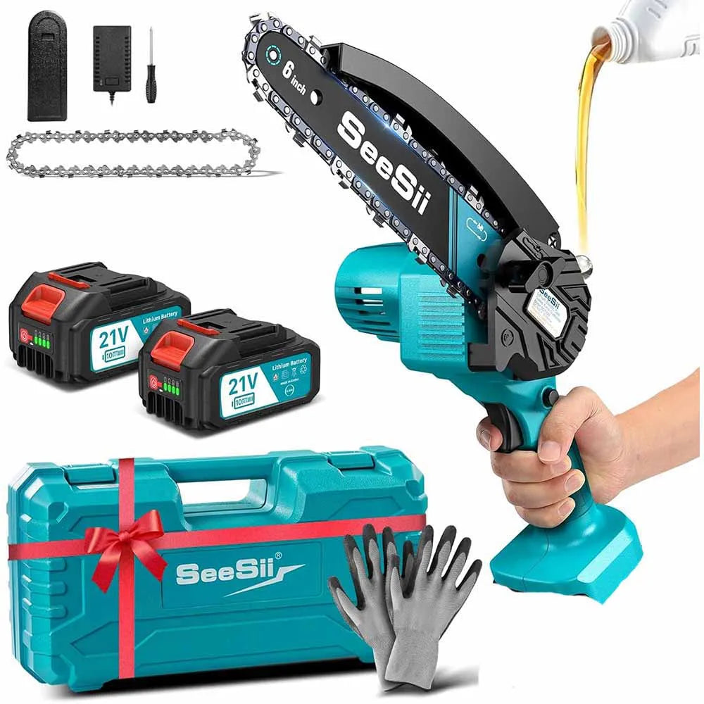 SEESII 6'' Cordless Mini Chainsaw 15.2cm Electric Saw Rechargeable Woodworking Garden Pruning Saw for Makita 18V Battery Pin