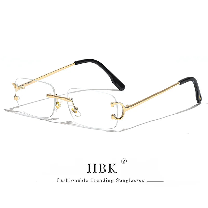 HBK Retro Rimless Small Sunglasses Women Metal Rectangle Gold Frame Brand Design Men Eyewear Driving Travel Beach Eyewear UV400