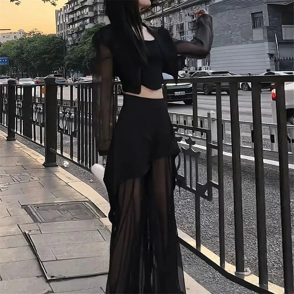 Y2k Korean Style Clothing Black 2 Piece Sets Women Hollow Out Mesh Grunge Simple Sping Streetwear High Waist Pants Outfit Sets