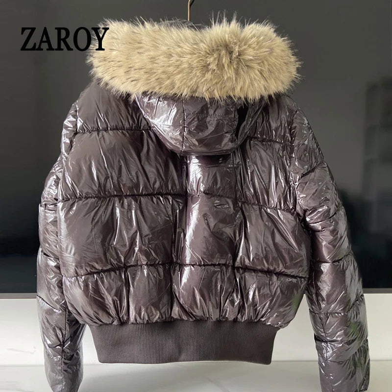 ZAROY Faux Fur Hooded Cotton Puffer Jacket Women Winter Quilted Zipper Pocket Coat Y2K Retro Padded Parkas High Street Outerwear