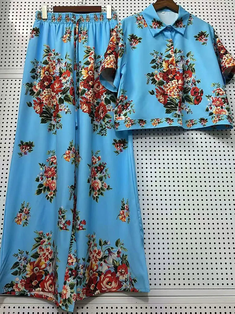 2026 Summer New Fashion Women's Print Suit Lapel Short Sleeve Short Waist Shirt + Elastic Waist Straight Trousers Two-Piece