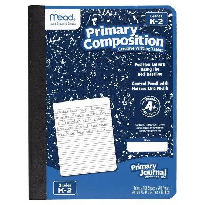 Primary Composition Book Writing Tablet: K-2 Journal, 7.5X9.75", 200 Pages, Sewn Binding, Hard Cover, Acid-Free Paper for School