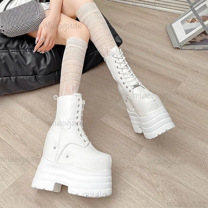 Height Increasing Women's High Boots Black Leather Thick Bottom Platform Shoes Side Zip Gothic Punk Short Boots Street Style