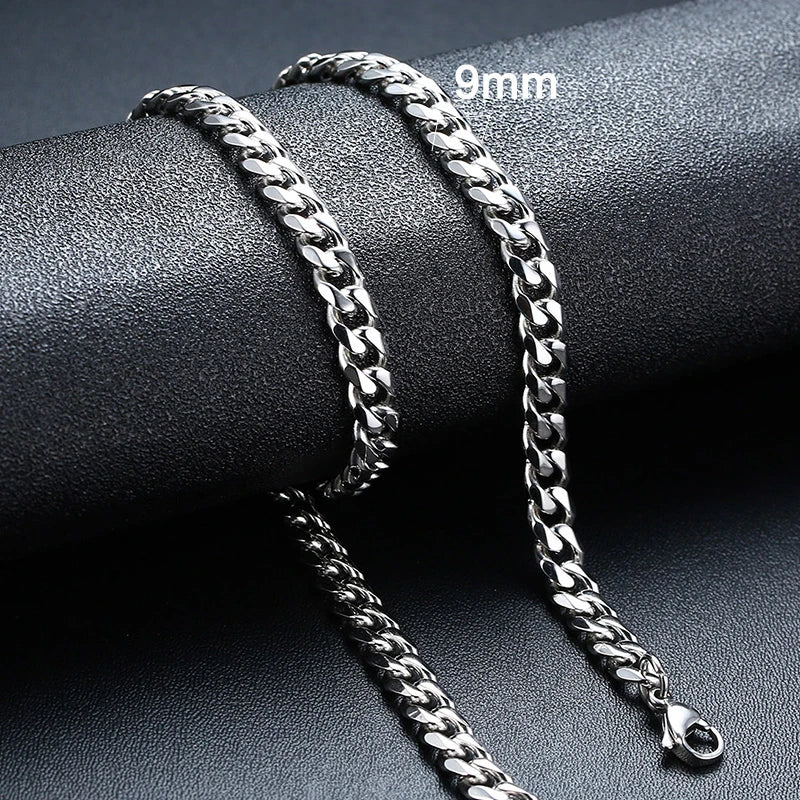 3-11mm Classic Cuban Chain Necklace for, Silver Black Gold Grey Color
