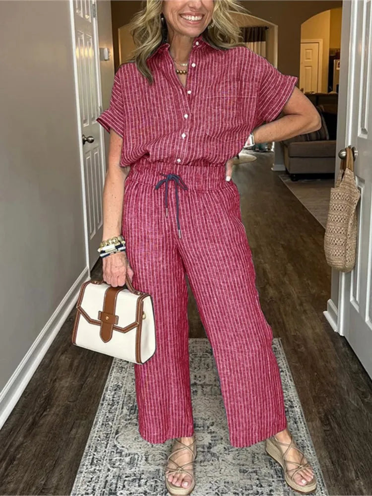 Classic Spring Autumn Cotton Linen Striped Printed Short Sleeve Shirt 2 Piece Set Retro Casual Loose Waist Trousers Women's Suit