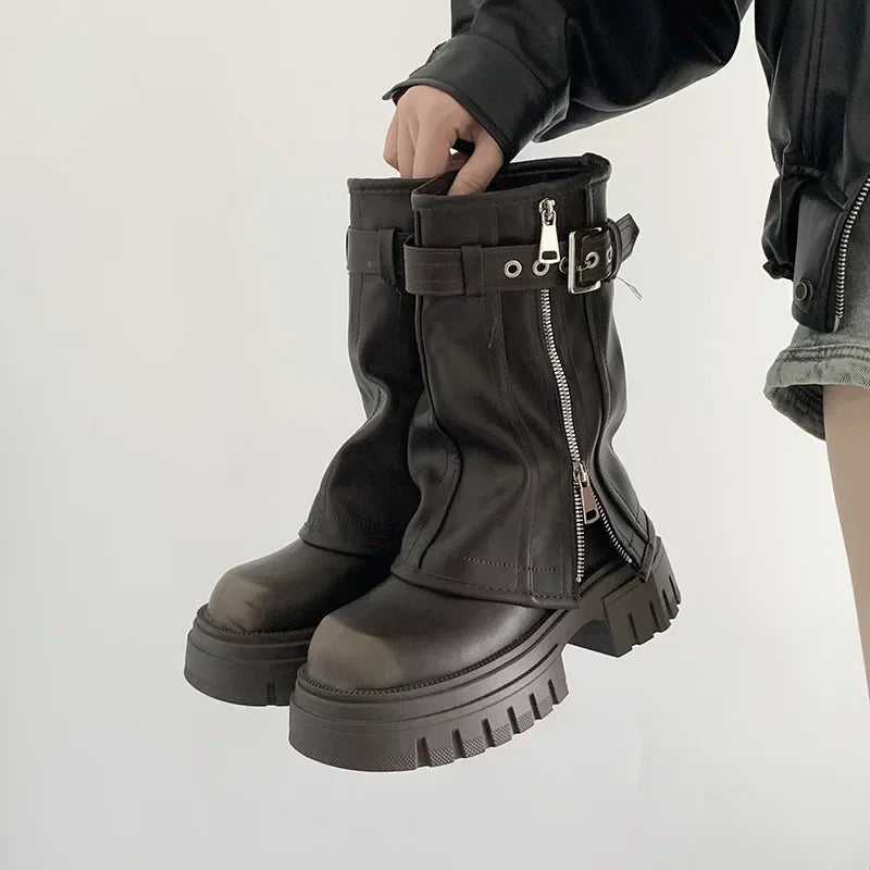 2025 Winter Women Biker Boots Fashion Belt Buckle Ladies Elegant Platform Long Pipe Booties Casual Women's Knee High Booties