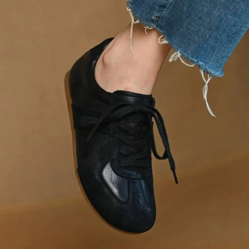Women Sneakers Spring 2025 New Genuine Leather Non-slip Round Toe Women Shoes Shallow Bow Casual Women Shoes Black