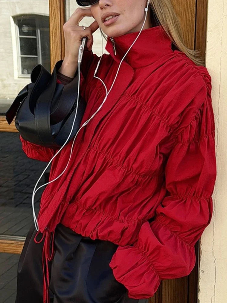 Tossy Solid Commuting Pleated Jackets For Women Long Sleeves Stand Collar Loose Streetwear Cropped 2025 Coat Female Jacket Coat