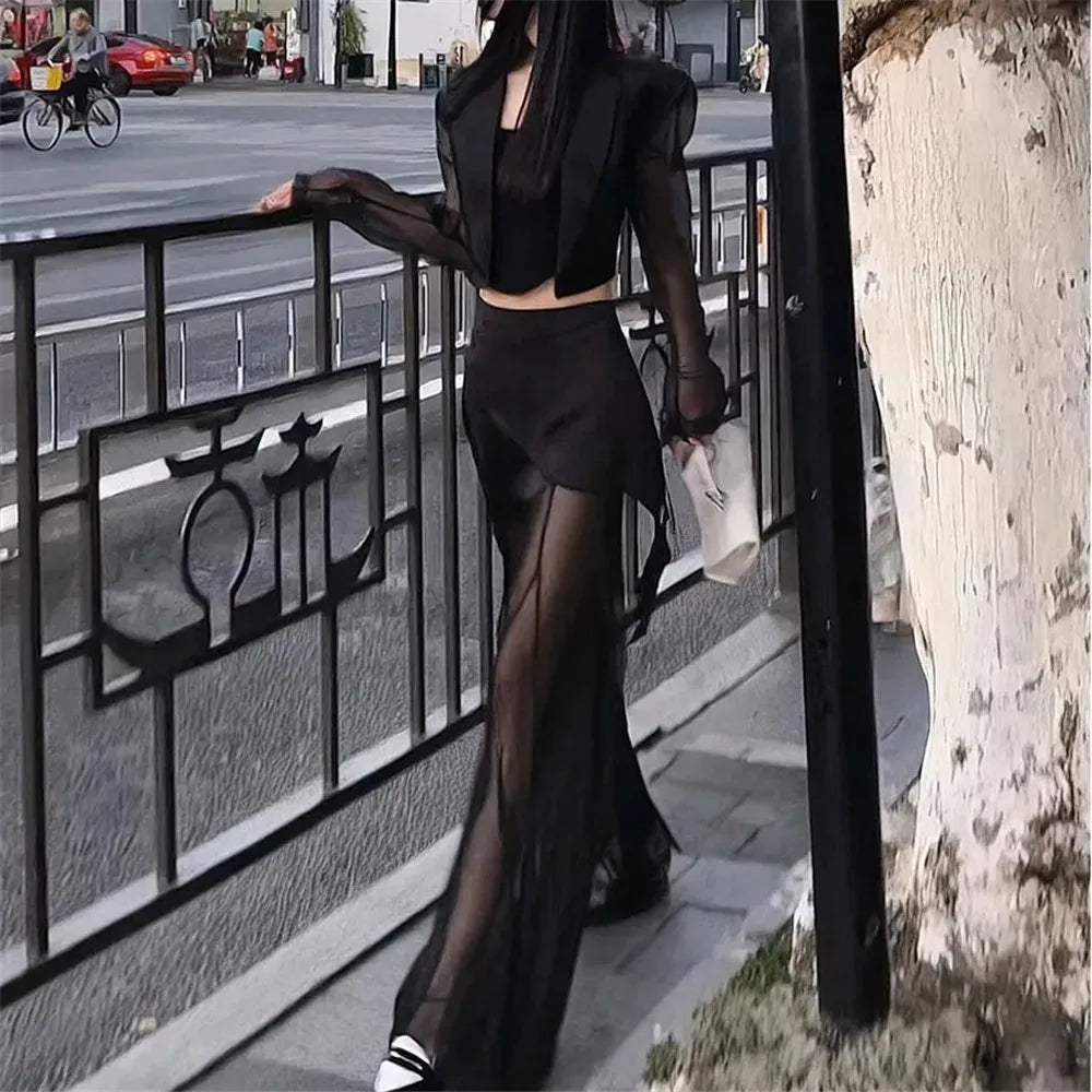 Y2k Korean Style Clothing Black 2 Piece Sets Women Hollow Out Mesh Grunge Simple Sping Streetwear High Waist Pants Outfit Sets