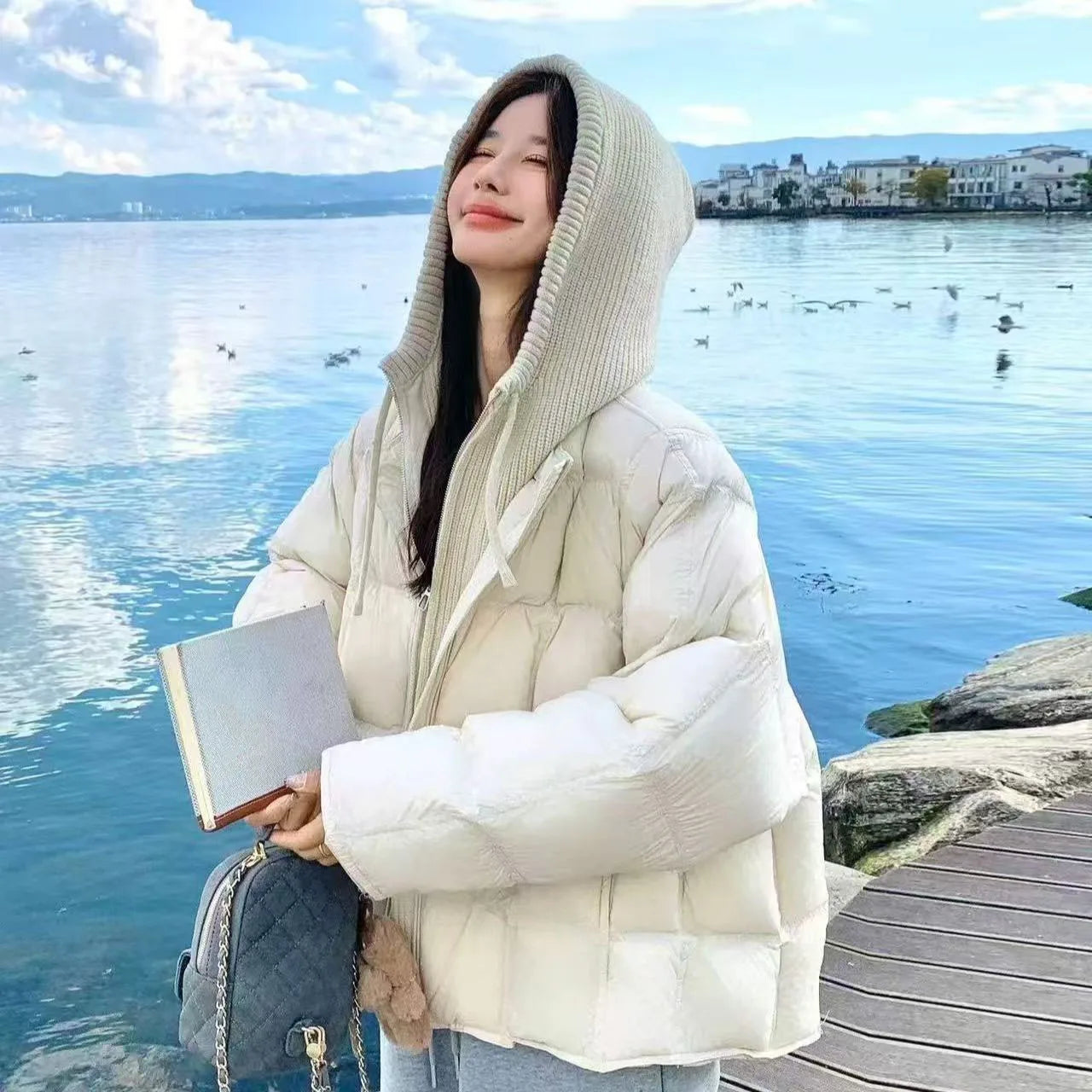 Femme Korean Cotton Padded Outwear 2026 New Autumn Winter Women Casual Knitted Hooded Puffer Jacket Fake Two-piece Warm Parkas