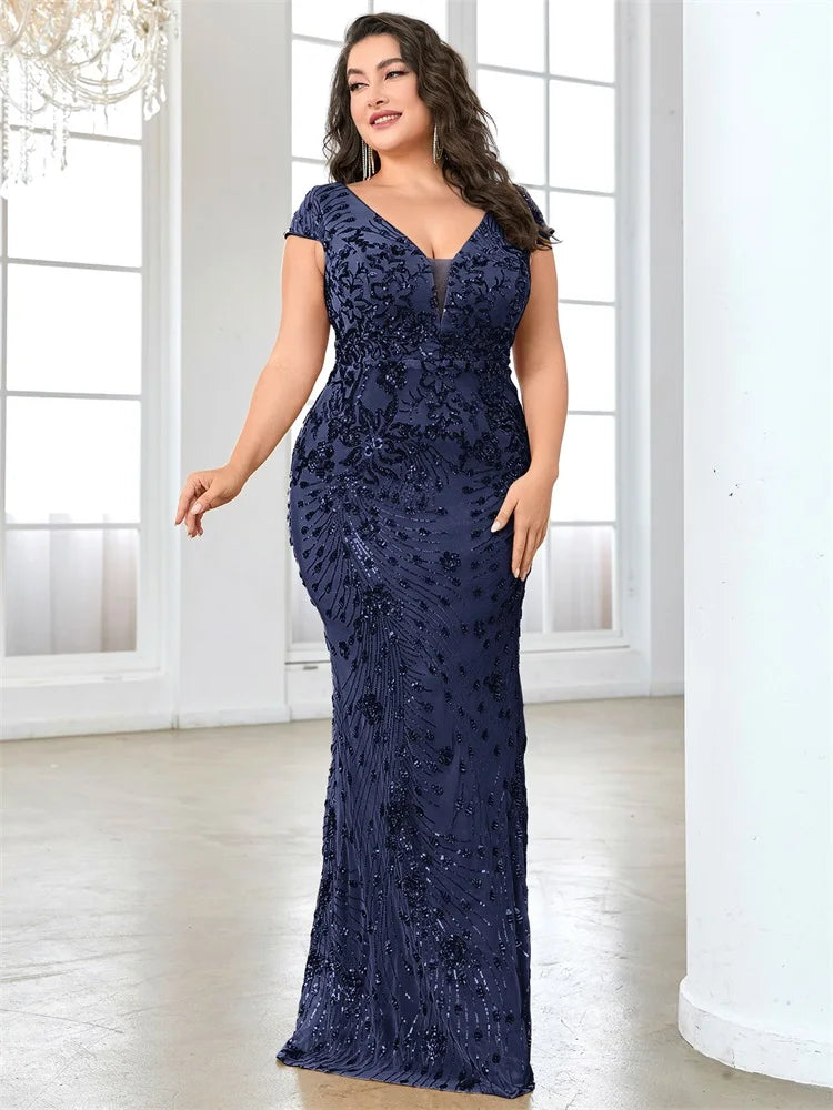 BLUEPLUM Tallas Grandes Elegante Vestido de Noche Azul Para Mujer 2024 Lujoso Sirena Largo Formal Lentejuelas Escote en V Fiesta de Graduación Boda