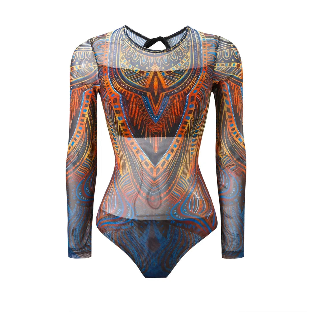 S - XXL Printed Long Sleeve With Sarong One Piece Swimsuit Women Swimwear Female Flowers Padded Bather Bathing Suit Swim K7181