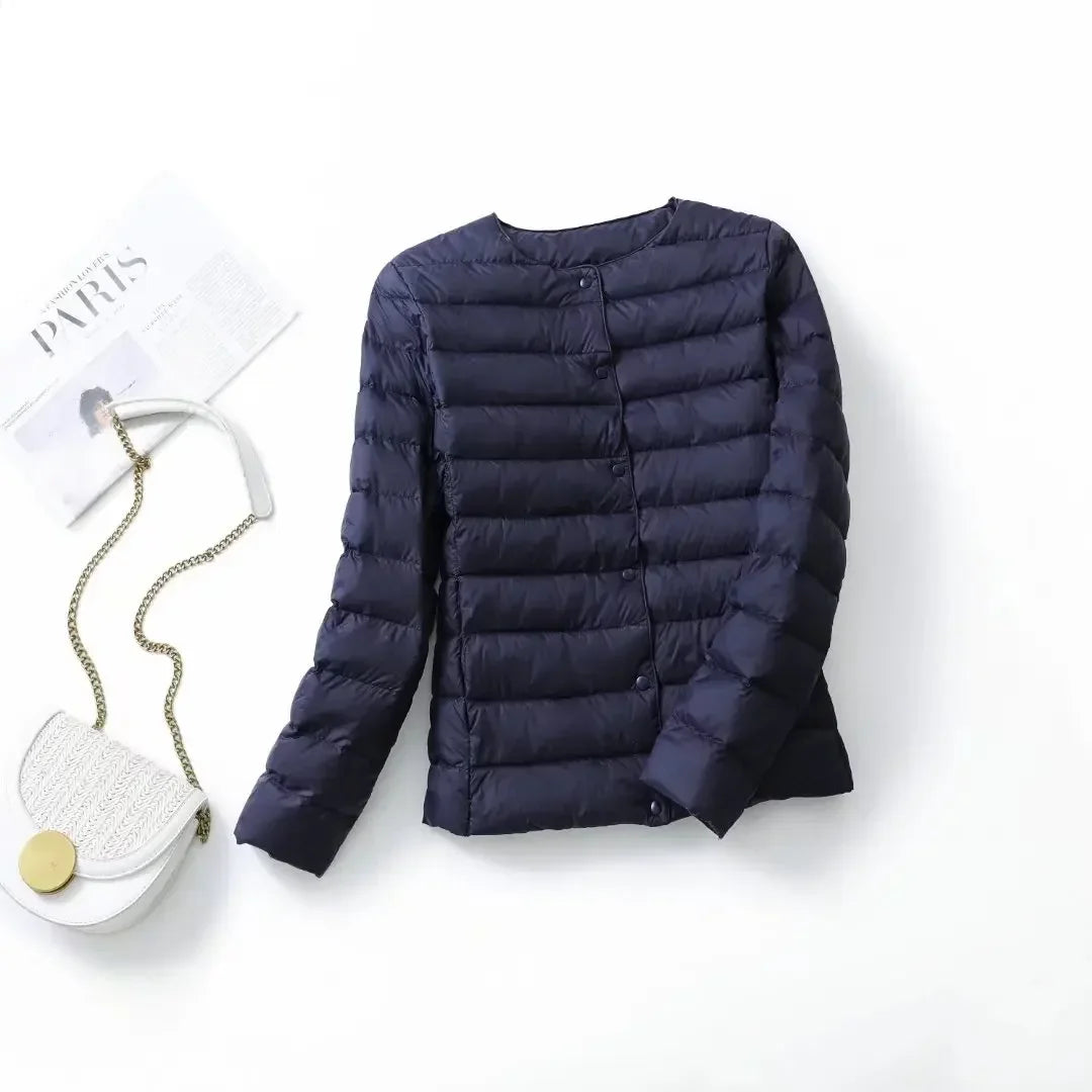 New Female Light Down Coat Women Liner Duck Down Jacket O-neck Variable V-neck 2024 Fall Collarless Light Quilted Puffer Coat