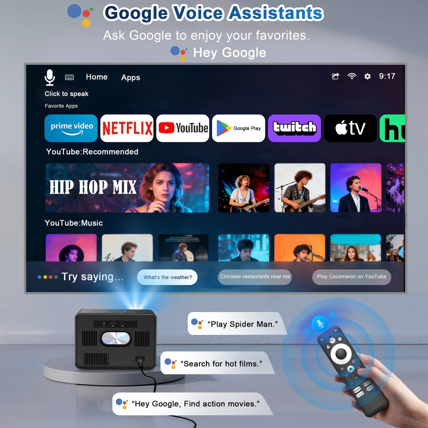 HORLAT Sealed Optical Google TV Projector 3500ANSI Bluetooth Voice Control Auto Focus WiFi 6 4K UHD Home Theater Movie Projector
