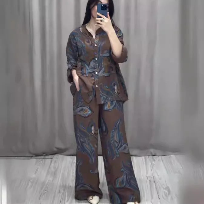 Fashion Printed Single Breasted Boho Shirt Elegant O-neck Single Breasted Shirt Wide Legs Trousers Office Commuter Two-piece Set