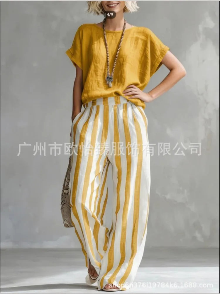Fashion Linen Printed Striped Trousers Short-sleeved Women 2piece Set Summer New Retro Loose Wide-leg Trousers Female Casual Set