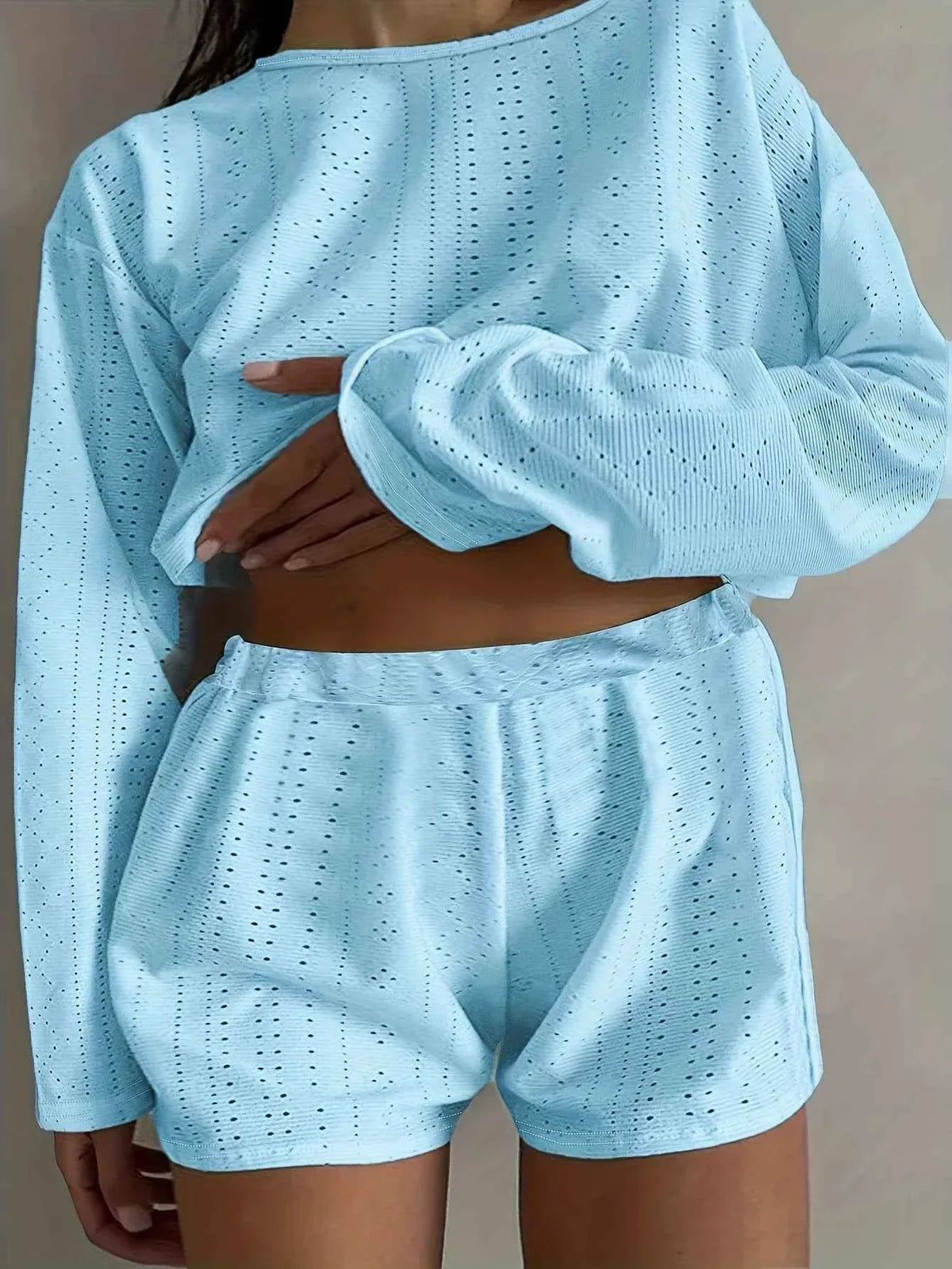 Plus Size Eyelet Long Sleeve Shorts Set