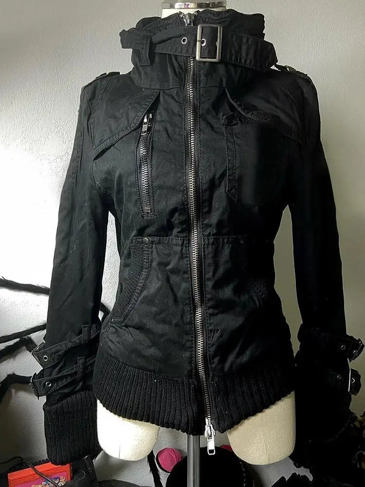 Subculture Harajuku Vintage Safari Coats with Hooded Women Zipper Sweatshirts Casual Streetwear Grunge Jacket Y2k Stand Neck