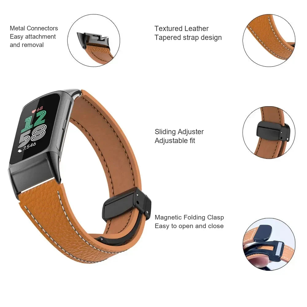 Fitbit Charge 5 & 6 Leather Band with Magnetic Folding Clasp