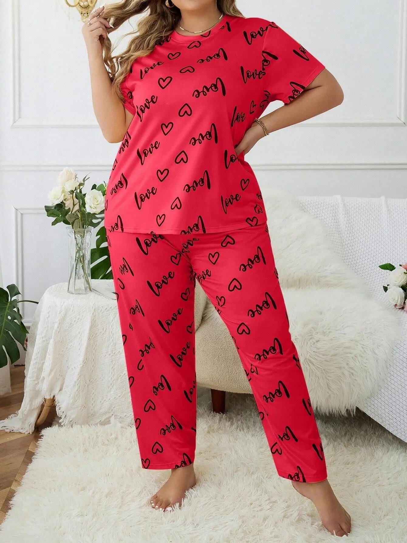 Women's Pajama Sets Short Sleeve with Long Pant Soft Sleepwear Printed pj Loungewear XL to 5XL