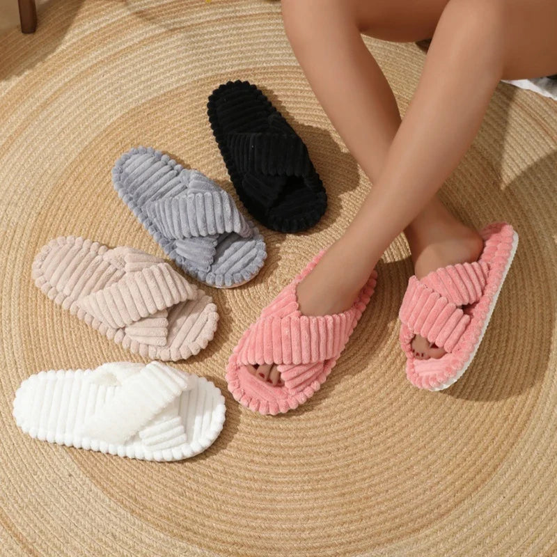 Fashion Corduroy Cross Band Home Slippers Women Spring Autumn Warm Plush Slides Woman Indoor Bedroom Soft Sole Cotton Slippers