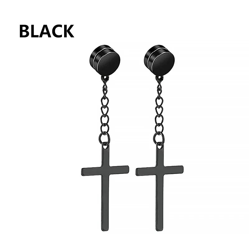 Punk Cross Stars Clip On Earrings | No Piercing Stainless Steel Ear Cuffs for Women Men