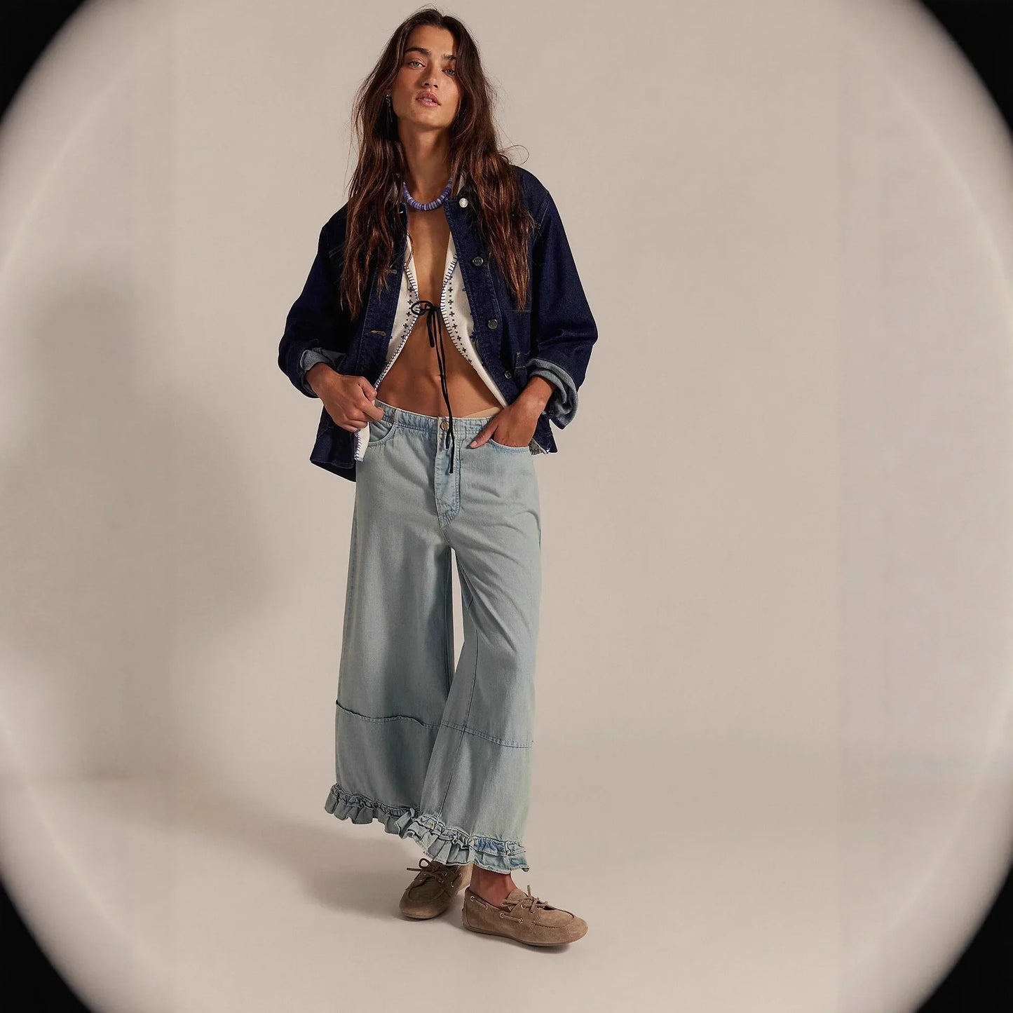 Women Baggy Wide Leg Denim Cropped Pants Vintage Y2k Pleated Ruffle Hem Elastic Low Rise Loose Fit Jeans with Pockets