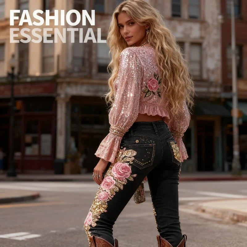 3D Floral Women's Straight Leg Jeans Fashionable and Casual Stretch Denim Pants Comfortable Daily Wear Street Style