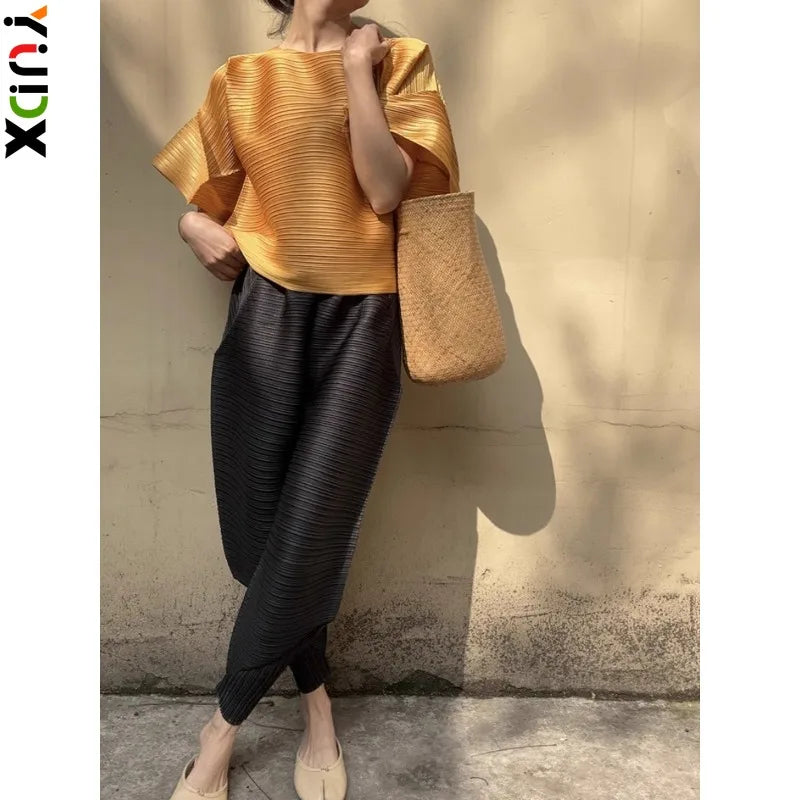 YUDX Miyake Pleated Women 2 Piece Fashion New Bubble Sleeve Round Neck Short Sleeve Loose Top + Irregular Pants Set