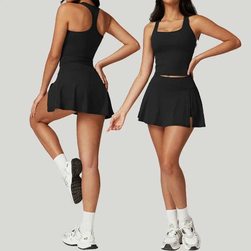 Anti Shine High Waisted Tennis Skirt and Yoga Pant Set